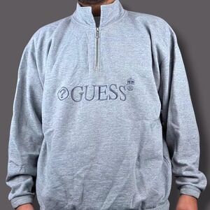 Guess Quarter Zip Sweatshirt Mens L Grey Good Vintage 90s Embroidered Logo Mock